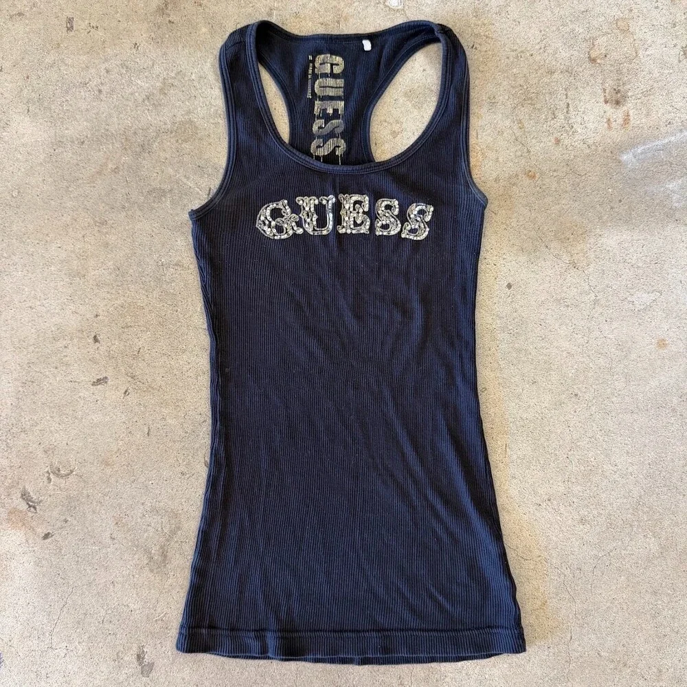 Guess Y2K Bedazzled Black Soft Grunge Tank Top Size Medium